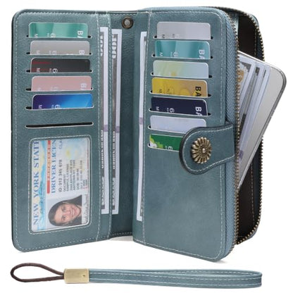 Wristlet Wallets for Women Leather Credit Card Holder Bifold | RFID Blocking, Large Capacity, Ladies Phone Clutch Purse with Zippered Coin Pocket - color: A08 Light Blue
