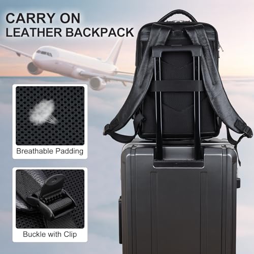 TIDING Men's Expandable Leather 15.6" Laptop Backpack for Commute Business | TSA Friendly Weekend Travel Daypack with Luggage Sleeve, Water Bottle Holder ﻿ - color: Black