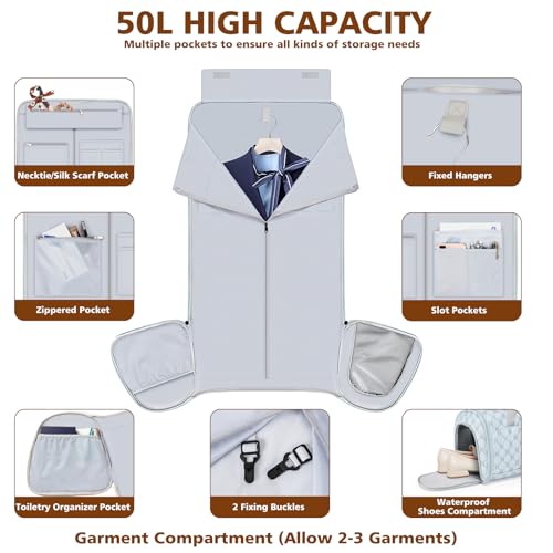 Rolling Garment Bag for Travel, 50L Duffle Bag with Shoe Compartment, 4pcs | 4-in-1 Carry on Convertible Duffel with Wheels, Detachable Trolley, Wrinkle-Free Storage for Trips, Weddings and Overnights - color: Blue