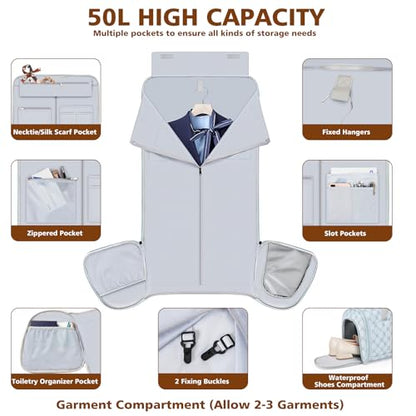 Rolling Garment Bag for Travel, 50L Duffle Bag with Shoe Compartment, 4pcs | 4-in-1 Carry on Convertible Duffel with Wheels, Detachable Trolley, Wrinkle-Free Storage for Trips, Weddings and Overnights - color: Blue