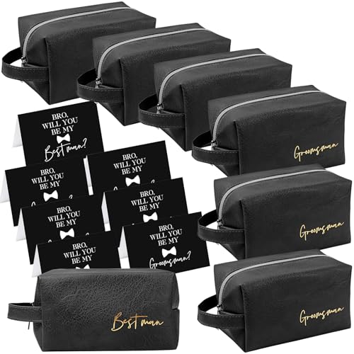 7 Sets Man Best Man Toiletry Bag Wedding Gift with Zipper, Black | Best Man Cosmetic Bags for Best Man, with Bowknot Greeting Card, PU Leather, for Proposal Party, Engagement Accessories