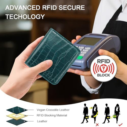 Crocodile Wallets Women Small RFID Blocking Credit Card Holder | Luxury Alligator Faux Leather Thin Bifold Croc Womens Wallet Ladies Mini Purse with Coin Pocket, Dark Green - color: Dark Green Croc
