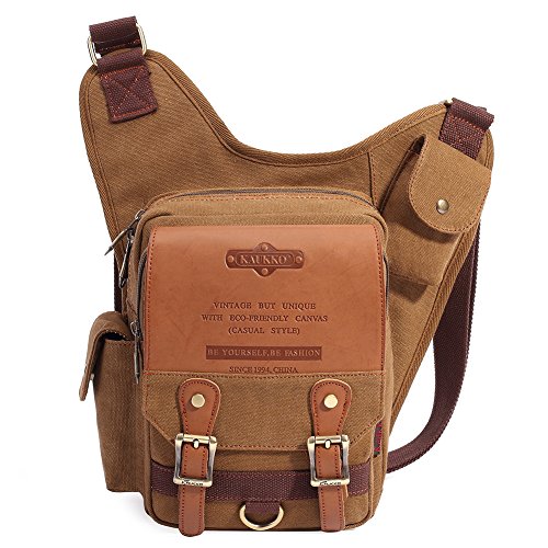 Mens Vintage Canvas Shoulder Messenger Bag Chest Leather Patchwork Messenger Bag - color: Khaki