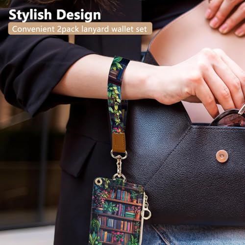 bolimoss Bookshelf Lanyard Wallet with Id Badge Holder Small Wristlet Keychain Wallet for Women RFID Cute Credit Card Holder with Breakaway Phone Wrist Neck Strap for Teacher Student Nurse Office - color: Flower Bookself