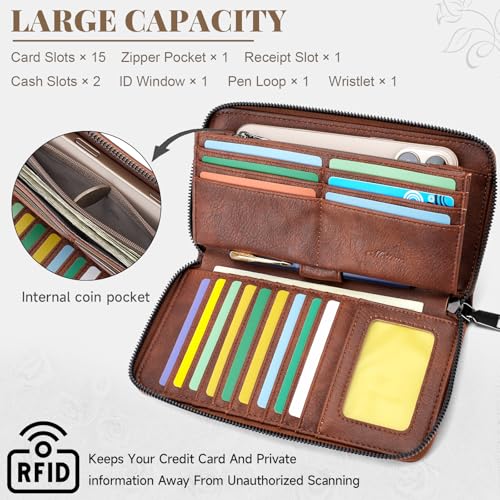 MEITRUE Womens Wallet Large Capacity Phone Clutch Purse RFID Floral Embossed Vegan Leather Travel Wallet with Wristlet Brown - color: 01-brown