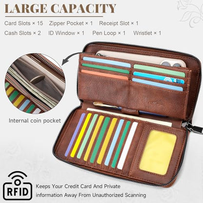 MEITRUE Womens Wallet Large Capacity Phone Clutch Purse RFID Floral Embossed Vegan Leather Travel Wallet with Wristlet Brown - color: 01-brown