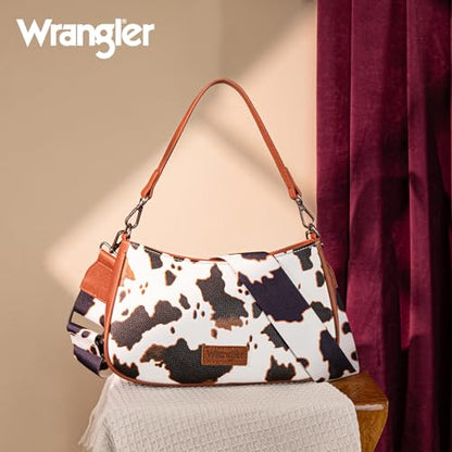 Wrangler Shoulder Bag for Women Western Small Purse Hobo Handbag | Aztec, Underarm Bag, 2 Detachable Straps, Secure Zipper Closure, Back Pocket, Crossbody Bag for dates, travel and everyday - color: Cow Print-brown