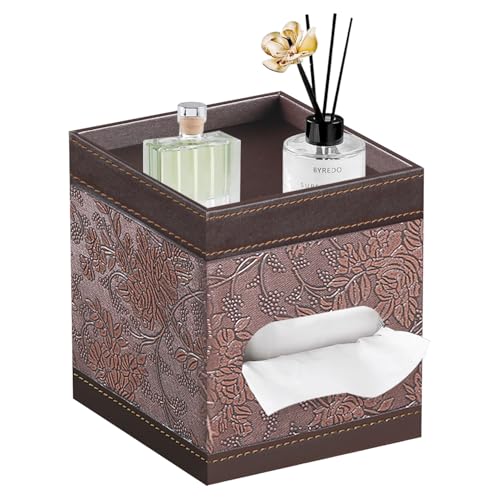 Square Tissue Box Cover with Storage Tray,Modern Decorative Tissue Holder | PU Leather Side Open Napkin Caddy,Facial Paper Dispenser for Bathroom Vanity,Night Stands,Desk,Stylish Home & Office Décor - color: Antique Embroidery