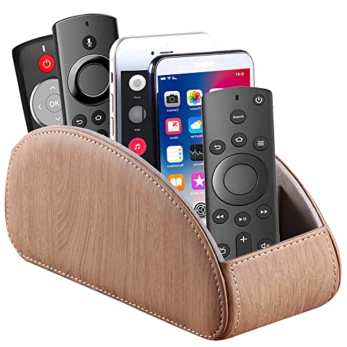 All-in-One Leather TV Remote Control Holder with 5 Compartments Nightstand Desktop Air Conditioner Media Player Remote Caddy Storage Box Organizer Tray For Makeup Brush Pen Stationary Table Controller | Leather Nightstand Desktop Storage Box Organizer Tra