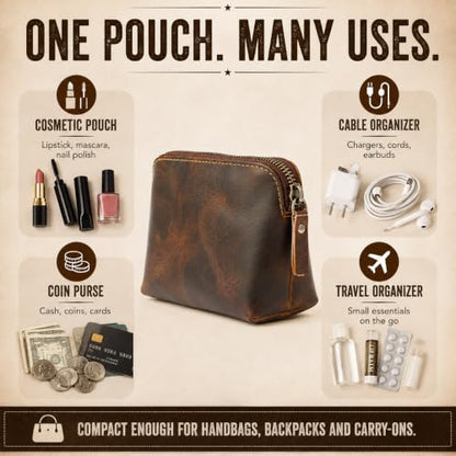 Full Grain Leather Cosmetic Bag – Zippered Makeup Pouch for Women, Small Travel Toiletry & Organizer Pouch for Purse, Premium Handmade Leather (5 × 4 × 2.5 in) - color: Brown