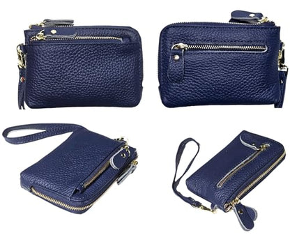 Women Genuine Real Leather Coin Purse with Hand Strap. 3 Zipper Small Wallet Wristlet with 3 credit cards slots Holder - Dark Blue - color: #18 Dark Blue