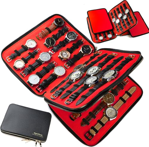 40 Slots Big Case Bag Watch Band Storage Strap Organizer Double Layer, Watch and Straps Collection for Apple Watch Band Organizer Jewelry Box Garmin Fitbit Samsung Galaxy Smart Watch Holder Men Ladies - color: 40 slots black red