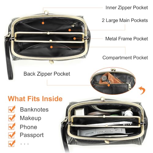 CONTACTS Full Grain Leather Kiss Lock Clutch Purse for Women Evening Clutch Bag Kiss Clasp Handbag - color: Black