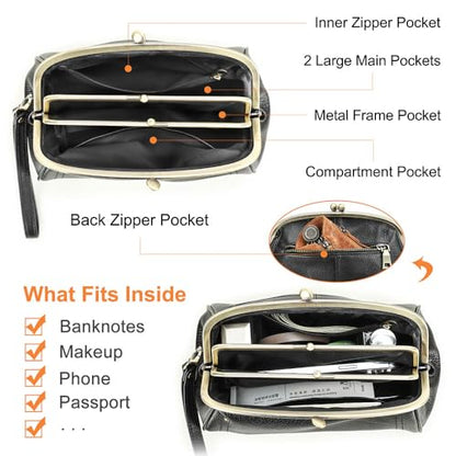 CONTACTS Full Grain Leather Kiss Lock Clutch Purse for Women Evening Clutch Bag Kiss Clasp Handbag - color: Black