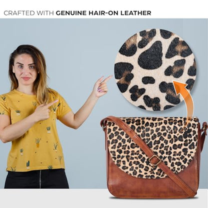 Ozora Genuine Leather Crossbody Bag for Women, Adjustable Strap - color: Tan Wash Cheetah