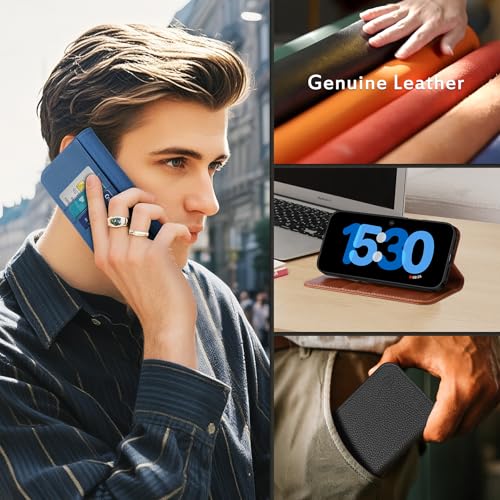 SHIELDON Genuine Leather Wallet Case for iPhone 17 Pro Max 6.9", Navy Blue | Magnetic Closure, RFID Blocking, Credit Card Holder, Viewing Stand, Foldable Design, Shockproof Protective Cover - color: Navy Blue