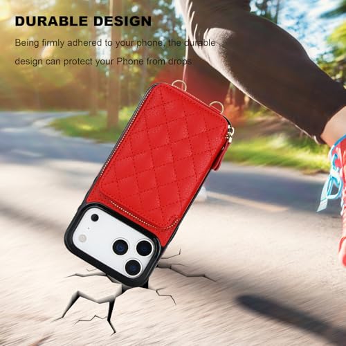 Bocasal Crossbody Wallet Case Card Holder for iPhone 17 Pro Max Red | RFID Blocking PU Leather Zipper Handbag Purse, Kickstand Flip Folio Case with Card Slots Holder Wrist Strap Lanyard 6.9 Inch - color: Red