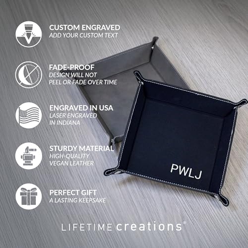 Lifetime Creations Monogrammed Valet Tray (Black) - Personalized Vegan Leather Catchall, Change Tray, Groomsmen Gift, Desk Dresser Organizer - color: Black - Monogrammed