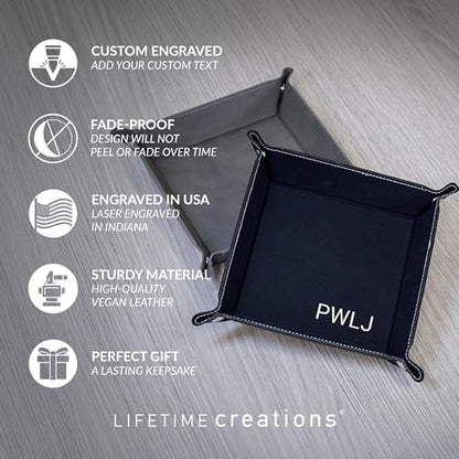 Lifetime Creations Monogrammed Valet Tray (Black) - Personalized Vegan Leather Catchall, Change Tray, Groomsmen Gift, Desk Dresser Organizer - color: Black - Monogrammed