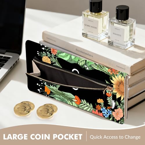 Anikathy Womens Wallet, Rfid Wallets for Women,Slim Thin Credit Card Holder Organizer Purse,PU Leather Cute Long Bifold Clutch Cash Wallet with Zipper Coin Pocket,Ladies Gift,Flowers and Black Cat D - color: Flowers and Black Cat D