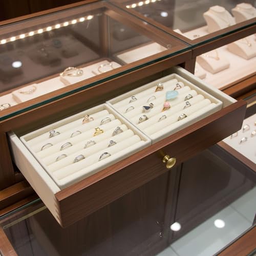 Ring Display Holder, 2 Pcs Small Jewelry Tray Velvet Ring Organizer Stackable Jewelry Organizer Trays Jewelry Drawer Organizers Inserts for Selling Rings Earrings (Beige)