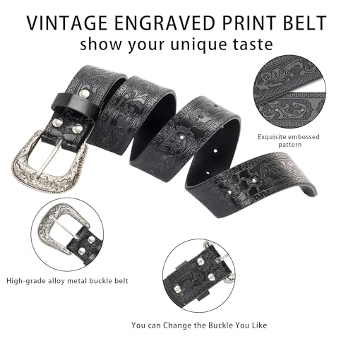 YCMI Womens Men Western Cowboy Belts Floral Engraved Engraved Buckle Adjustable Belt for Jeans Dress Skirt - color: Black