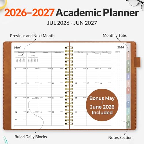 SUNEE 2026-2027 Weekly & Monthly Planner 6.4"x8.5" - 12 Month (July 2026 - June 2027), Vegan Leather Cover Planner Academic Year Calendar, Pocket, Notes, Monthly Tab, Brown - color: Brown