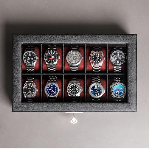 ROTHWELL 10 Slot Leather Watch Box - Luxury Case Display Jewelry Organizer - Locking Watch Display Case Holder with Large Glass Top - Box Organizer for Men and Women (Black/Red) - color: Black / Red