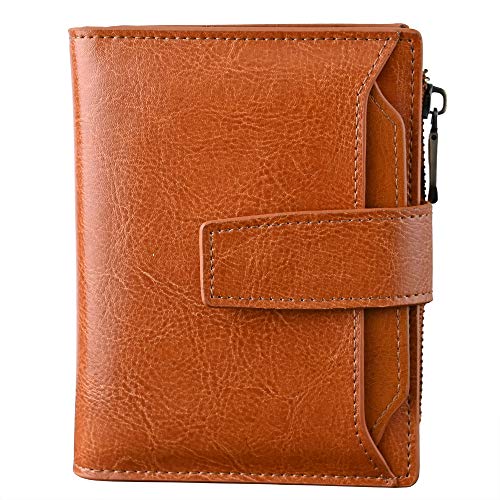 Bveyzi Small Leather Wallet for Women, RFID Bifold with ID Window | Holds 11 cards, a pull-out ID sleeve, zippered coin pocket & bill slot — fits crossbody bags and keeps everything organized - color: Brown