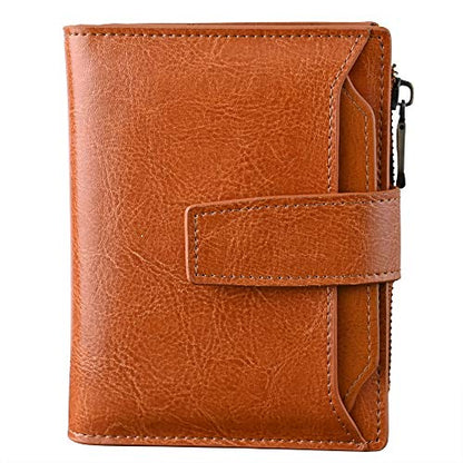 Bveyzi Small Leather Wallet for Women, RFID Bifold with ID Window | Holds 11 cards, a pull-out ID sleeve, zippered coin pocket & bill slot — fits crossbody bags and keeps everything organized - color: Brown