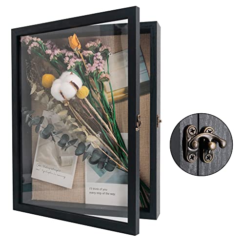Large Shadow Box Frame 11x14 Display Case Black Graduation Keepsakes Box | Hinged Front Open Door with Tempered Glass, Linen Back with Pins for Pictures, Interior Depth 1.5 inches for Wedding Bouquet - color: Rustic Black, size: 11"x14" (28x35 cm)