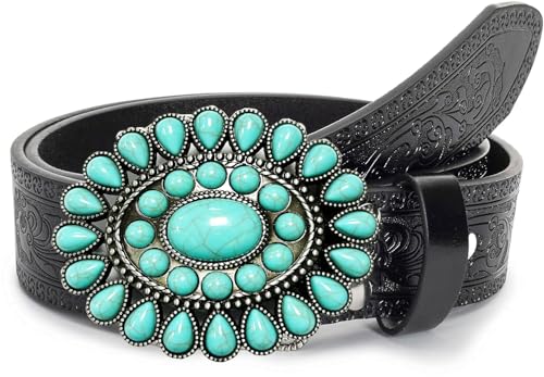 Adjustable Vintage Western-Belts for Women Men Engraved Buckle-Belts Cowboy-Cowgirl-Belt (Waist for 29"-39") - color: Big Turquoise Black Western Belt