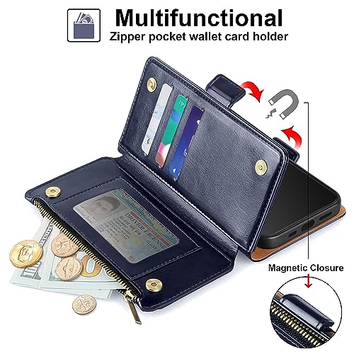 Antsturdy for iPhone 16 Phone Wallet Case Women,Dark Blue | RFID Blocking,with Credit Card Holder Slots,PU Leather Purse,Zipper Pocket,Wrist Strap Kickstand,Flip Folio Cover for Men - color: A-Dark Blue
