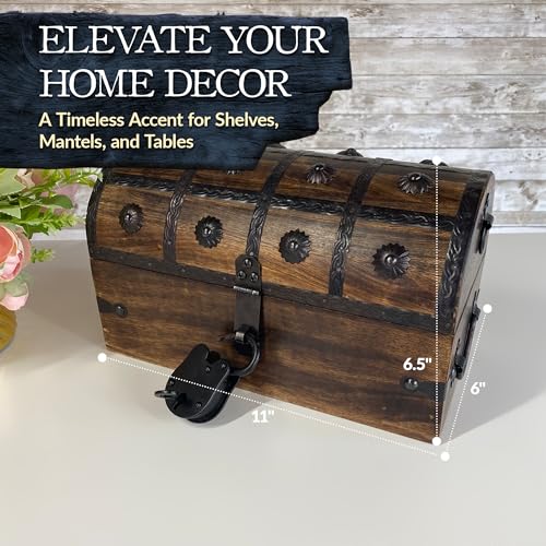 Wooden Pirate Treasure Chest with Lock & Skeleton Key Medium | Handmade Wooden Storage Box Kids Treasure Chest For Jewelry, Coins, Trinkets, Keepsake Gifts, Decor - size: Medium 11 x 6 x 6.75