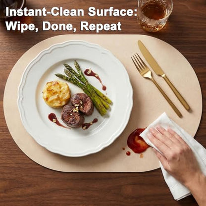 Oval Placemats 2mm Ultra Thick Faux Leather Table Mats, Heat Resistant Waterproof Wipeable Dining Mats for Kitchen Table, Set of 12, Beige - color: Beige, size: Placemats set of 12