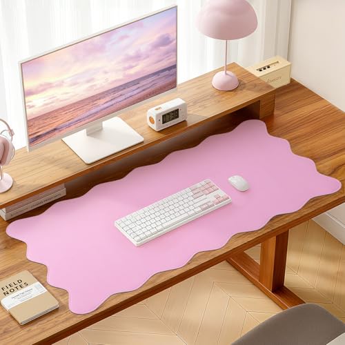 PU Leather Desk Pad, Scalloped Non-Slip Mouse Pad & Large Desk Mat Cover Stitched Edges Writing Pad for Office, Home - Waterproof, Easy to Clean, Durable Surface I 31.4"x15.7", Pink - color: Pink