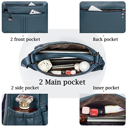 Women Soft PU Leather Shoulder Handbag Multi Pocket Crossbody Bag Ladies Medium Roomy Purses Fashion Tote Top Handle Satchel - color: Lake Blue