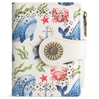 SENDEFN Small Wallets for Women Bifold RFID Blocking Leather Card Holder Compact Wallet with Zipper Coin Pocket - color: B-White Whale