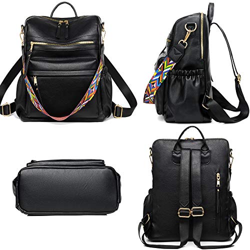Womens Leather Backpack Purse, Ladies Travel Designer Shoulder Bags | Fashion style backpack, multi-purpose daily medium shoulder purse backpack for women - color: Black
