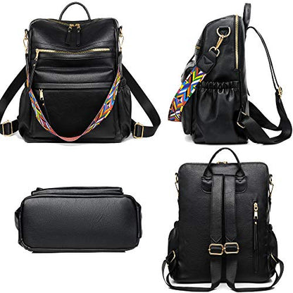 Womens Leather Backpack Purse, Ladies Travel Designer Shoulder Bags | Fashion style backpack, multi-purpose daily medium shoulder purse backpack for women - color: Black