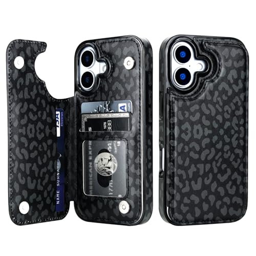 HAOPINSH Wallet Case with Card Holder for iPhone 17, Black Leopard | Back Flip Folio Kickstand ,PU Leather Card Slots Case Wallet for Women Men Girls, Double Magnetic Clasp Shockproof Cover 6.3" - color: Black Leopard