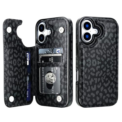 HAOPINSH Wallet Case with Card Holder for iPhone 17, Black Leopard | Back Flip Folio Kickstand ,PU Leather Card Slots Case Wallet for Women Men Girls, Double Magnetic Clasp Shockproof Cover 6.3" - color: Black Leopard