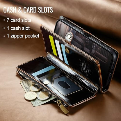 Defencase for iPhone 16 Wallet Case with RFID Blocking Card Holder, Coffee | Durable Soft PU Leather, with Zipper Pocket, Wrist Strap, Fashion Snap Flip Phone Cases Cover with Stand for Women and Men - color: Coffee