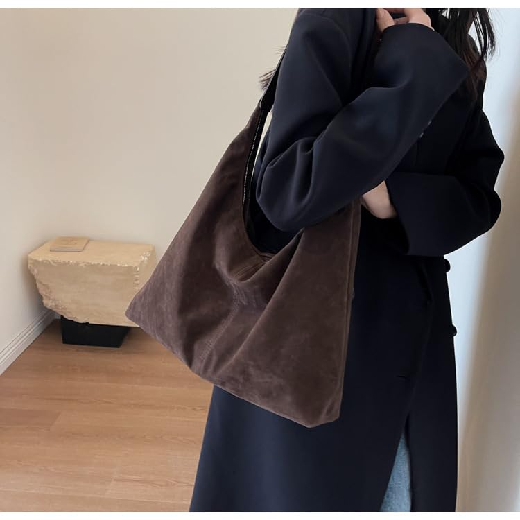 Women’s Trendy Suede Tote Bag Shoulder Bags For Women Fall Underarm Bag Winter Hobo Bag Work Purses Suede Travel Handbag - color: Coffee