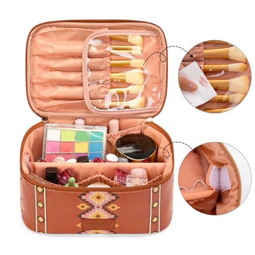 Wrangler Travel Makeup Bag 2pcs Set Cosmetic Bag with Makeup Brush Holder | Portable Make Up Organizer,Large Toiletry Bag with Divider and Handle for Women - color: Aztec-Brown