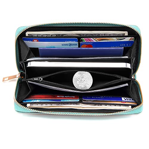 VOCUS Womens Wristlet Wallet Zip Around Clutch Wallet Large RFID Blocking PU Leather Bifold with Phone Holder for Travel - color: Solid Blue