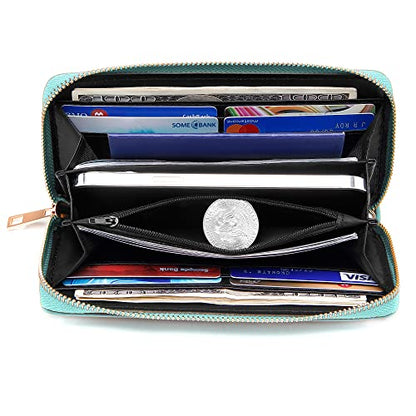 VOCUS Womens Wristlet Wallet Zip Around Clutch Wallet Large RFID Blocking PU Leather Bifold with Phone Holder for Travel - color: Solid Blue