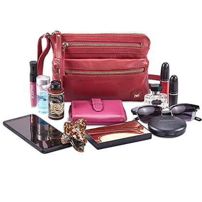 Small Leather Crossbody Bag for Women Adjustable Sling Purse Multi Pocket - color: Red Nappa