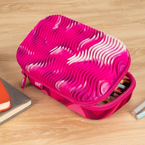 ZIPIT Wavy Pencil Case for Girls, Silicone Sensory Fidget Pencil Box, Pink | Playful box with tactile silicone fidget top, sturdy crack-proof shell, secure zipper, large capacity holds 60 pens & pencils - color: Pink Shapes