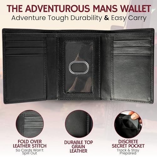 BULL GUARD RFID Leather Trifold Wallets for Men ID Window, Secret Pocket, Black - color: Rich Black